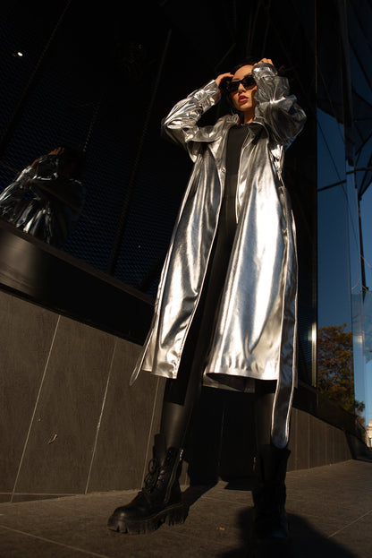 Silver Vegan Leather Trench Coat — Metallic Long Raincoat with Viscose Lining, Ladies Sparkling Festival Coat, Designer Faux Leather Trench, Avant-Garde Silver Outerwear