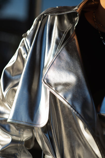 Silver Vegan Leather Trench Coat — Metallic Long Raincoat with Viscose Lining, Ladies Sparkling Festival Coat, Designer Faux Leather Trench, Avant-Garde Silver Outerwear