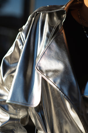 Silver Vegan Leather Trench Coat.