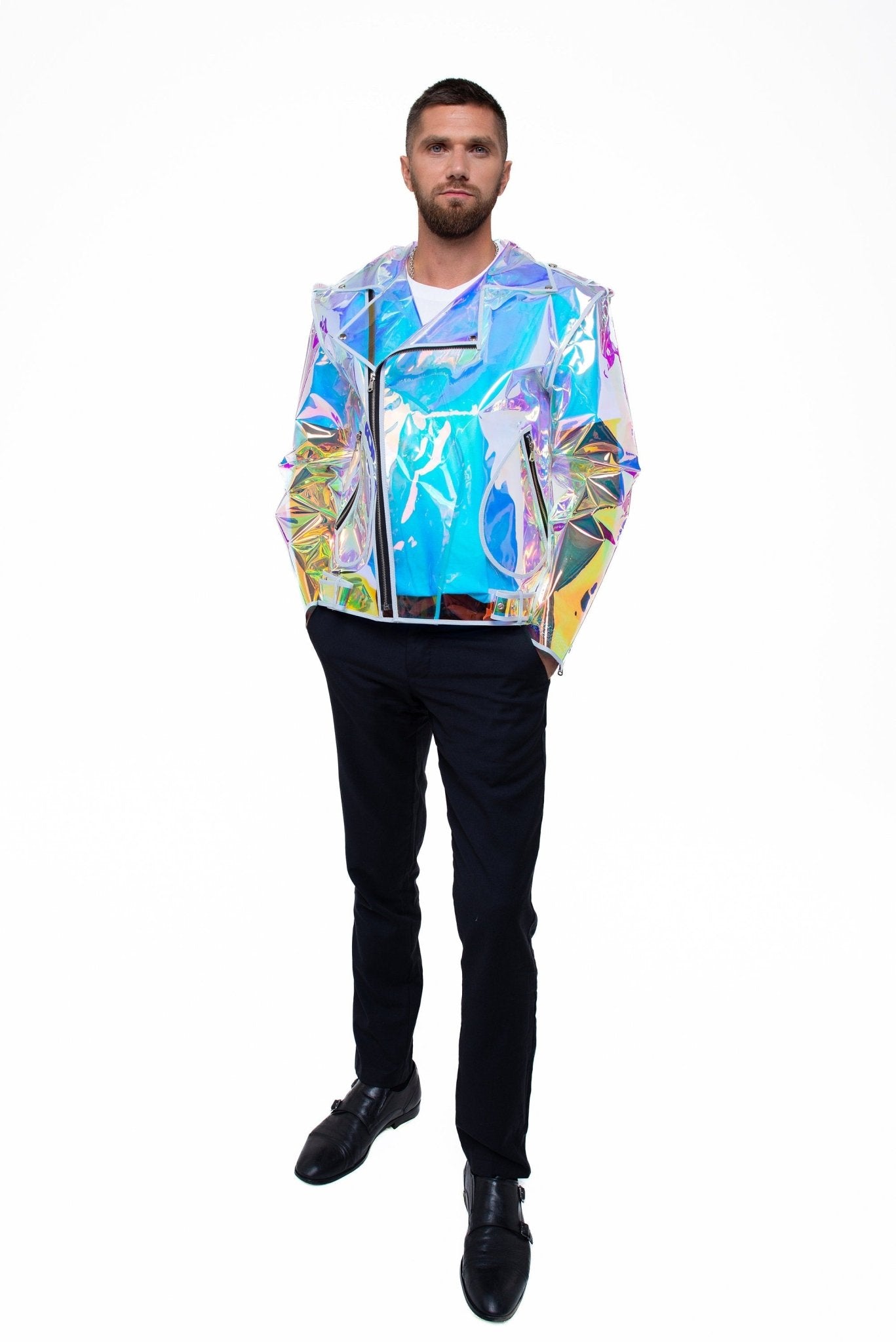 Full-body shot of the iridescent men's biker jacket in a professional studio setting.