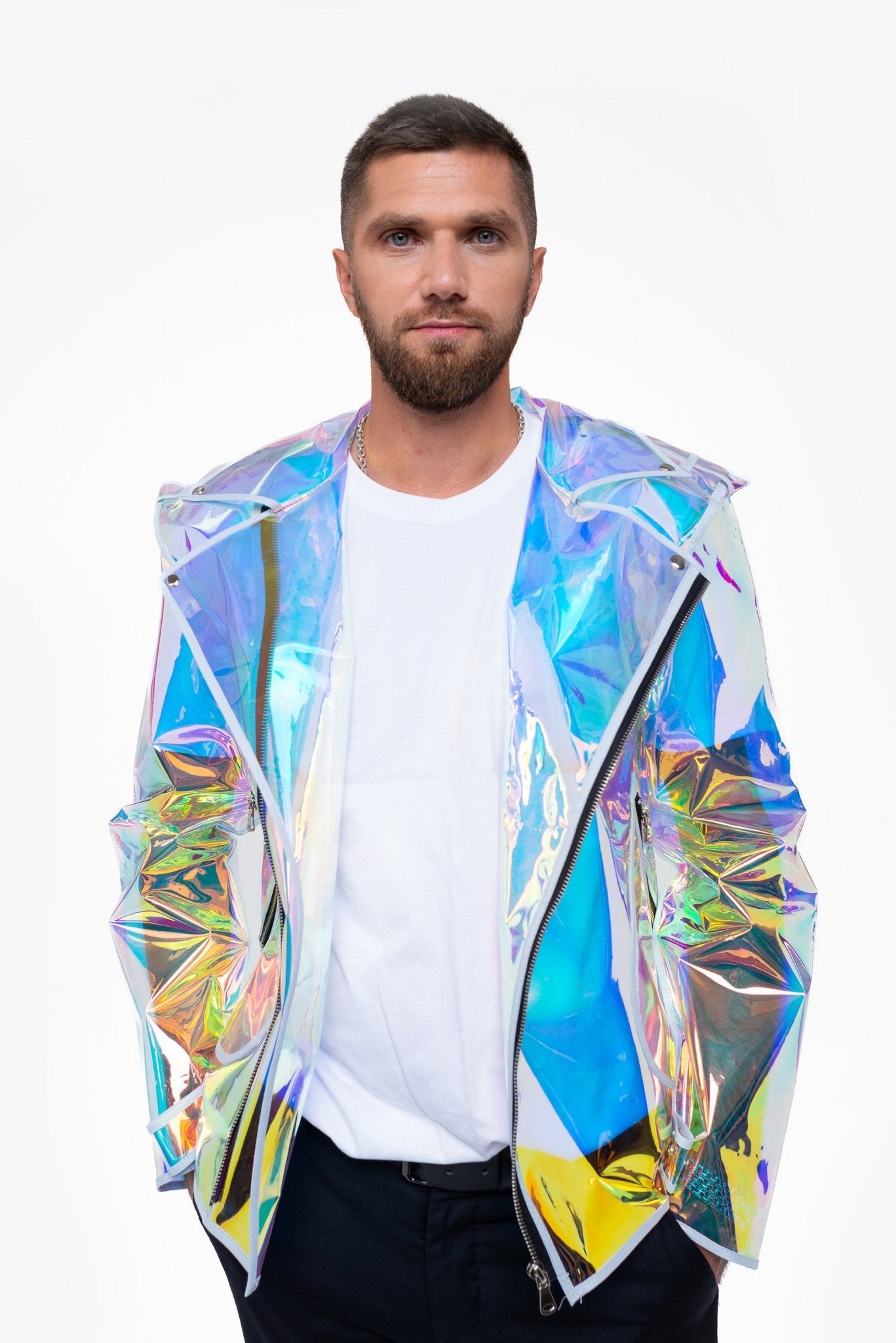Men wearing  of the Iridescent Men's Biker Jacket on a masculine frame.