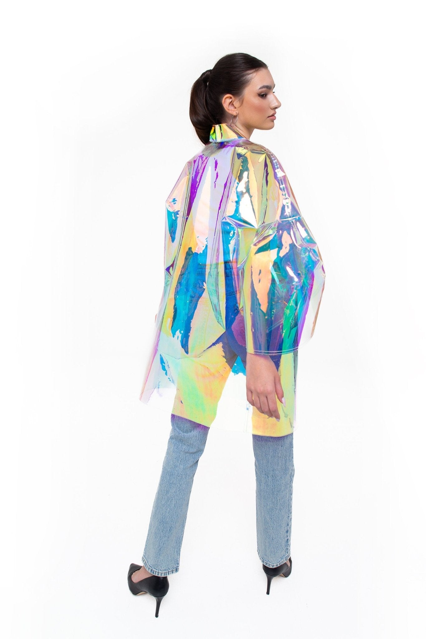 Iridescent TPU Trench Coat — Unisex Holographic Party Raincoat, Futuristic Silver Vinyl Jacket, Cyberpunk Streetwear, Designer Waterproof Coat
