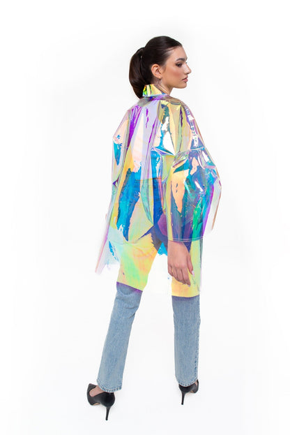 Iridescent TPU Trench Coat — Unisex Holographic Party Raincoat, Futuristic Silver Vinyl Jacket, Cyberpunk Streetwear, Designer Waterproof Coat