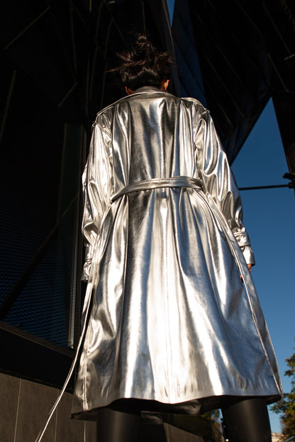 Silver Vegan Leather Trench Coat — Metallic Long Raincoat with Viscose Lining, Ladies Sparkling Festival Coat, Designer Faux Leather Trench, Avant-Garde Silver Outerwear