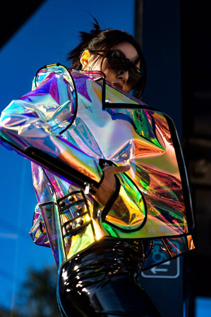 Iridescent TPU Biker Jacket — Holographic Moto Raincoat — Futurist Clear PVC Cyberpunk Jacket — Avant-Garde Statement Wear by DomdRich Studio