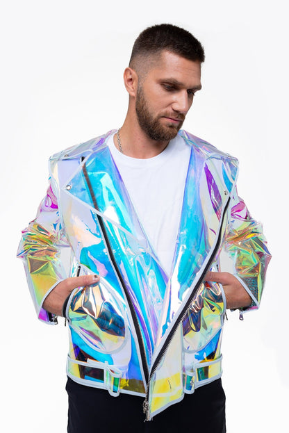Close-up of heavy-duty silver zippers on the iridescent men's biker jacket.