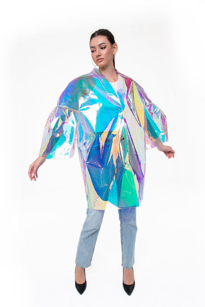 Iridescent TPU Trench Coat — Unisex Holographic Party Raincoat, Futuristic Silver Vinyl Jacket, Cyberpunk Streetwear, Designer Waterproof Coat