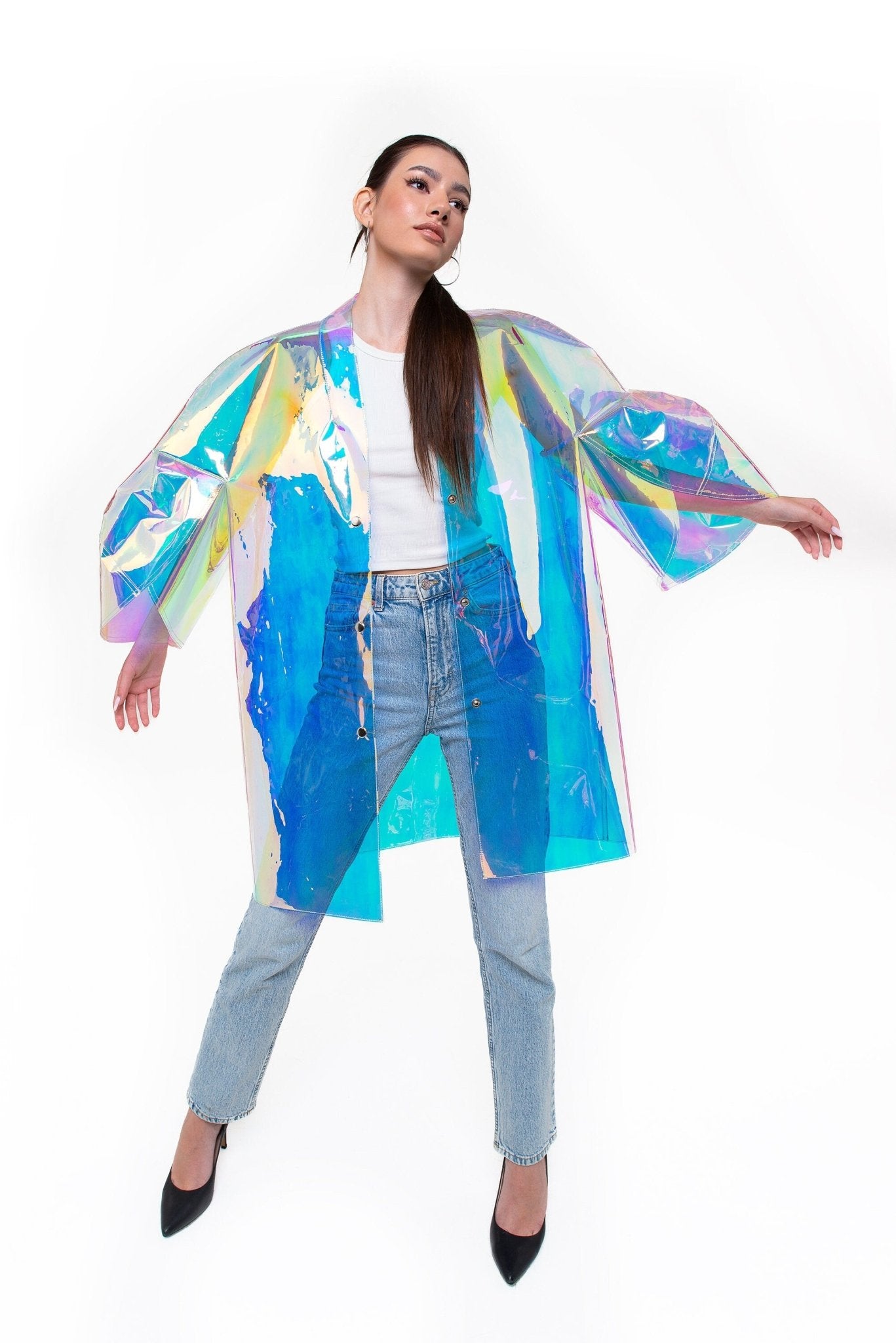 Iridescent TPU Trench Coat — Unisex Holographic Party Raincoat, Futuristic Silver Vinyl Jacket, Cyberpunk Streetwear, Designer Waterproof Coat
