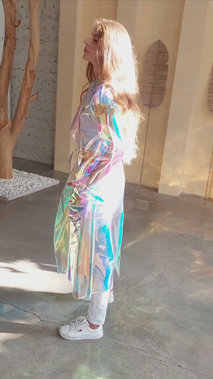 Holographic Vinyl Trench Coat — Iridescent Festival Rave Outfit — Futurist Clear PVC Cyberpunk Jacket — Avant-Garde Statement Wear by DomdRich Studio