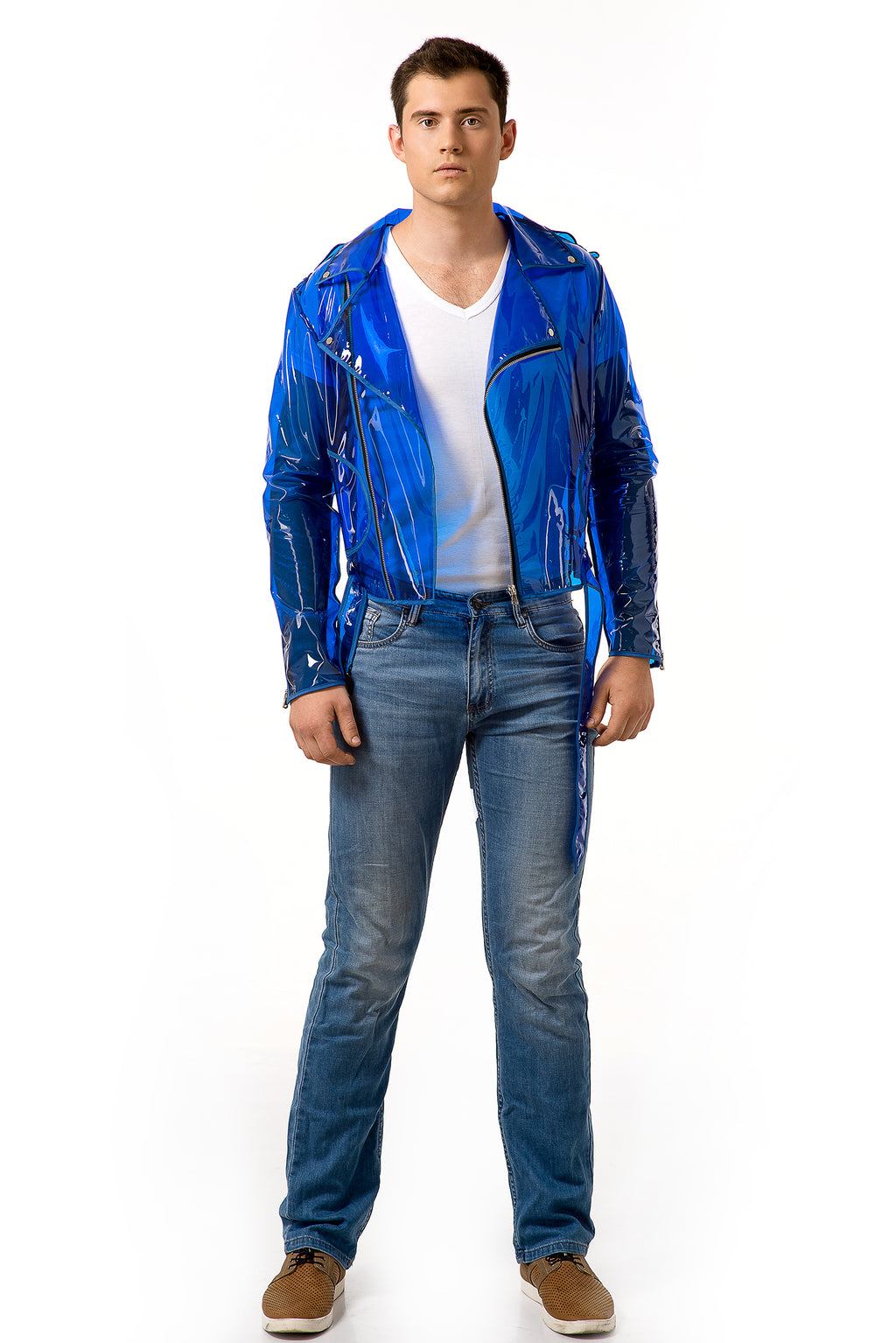 Vinyl Men's Biker Jacket. Motorcycle transparent jacket.