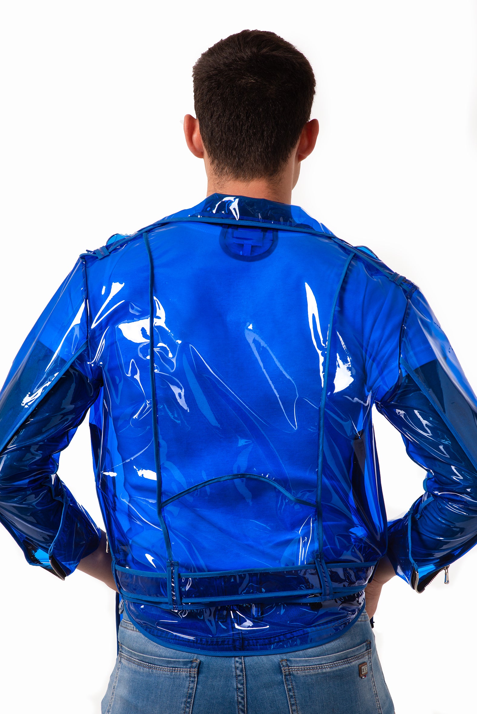 Vinyl Men's Biker Jacket. Motorcycle transparent jacket.