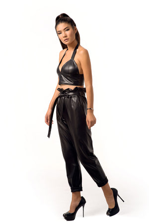 Vegan Leather Pants and Cropped wrap Top.