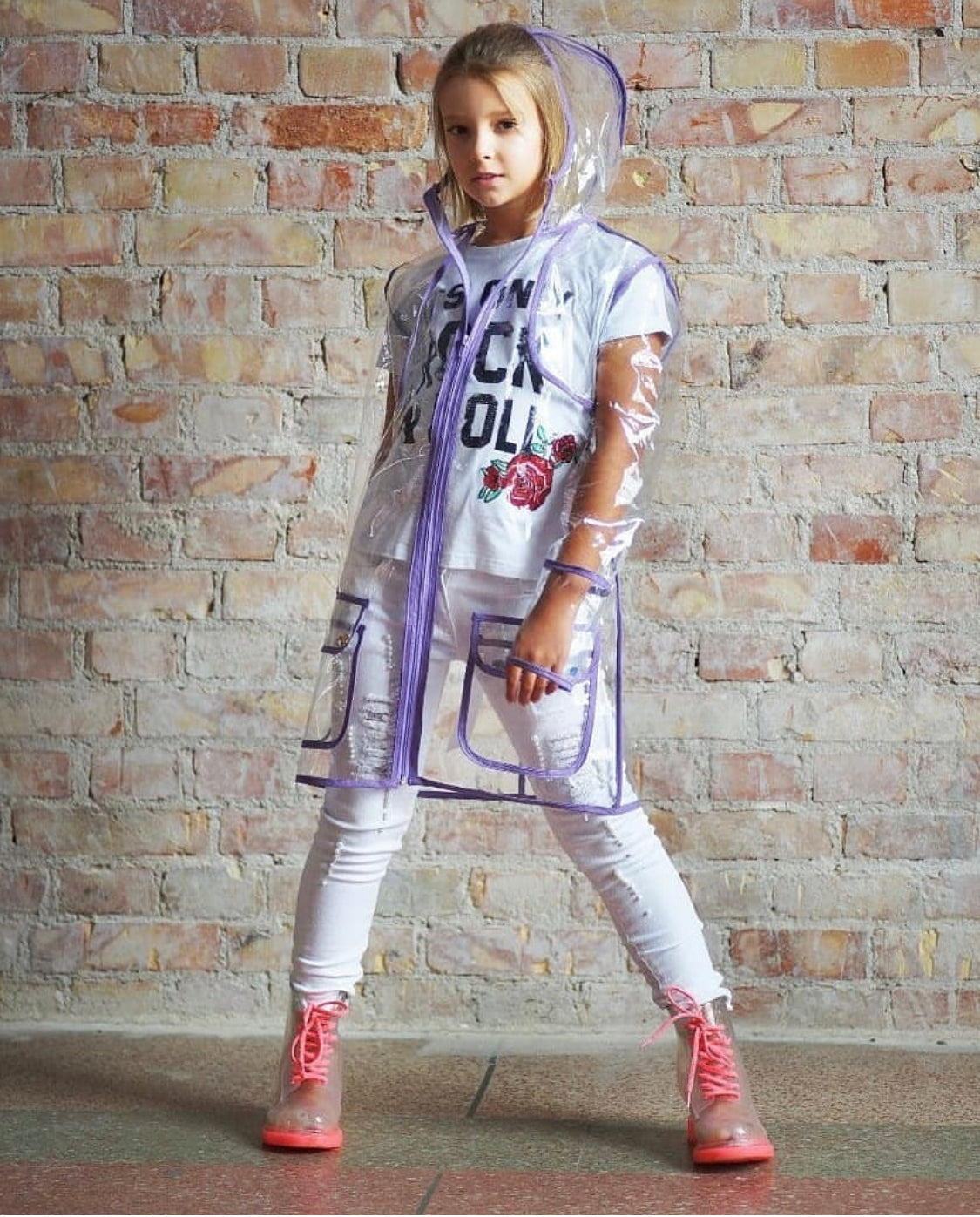 Kids clear vinyl sport Raincoat. Girls stylish Rain Jacket.