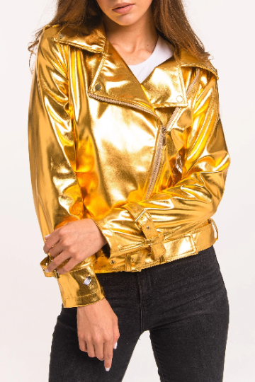 Gold Vegan leather Biker Jacket. Shiny girls fall jacket.
