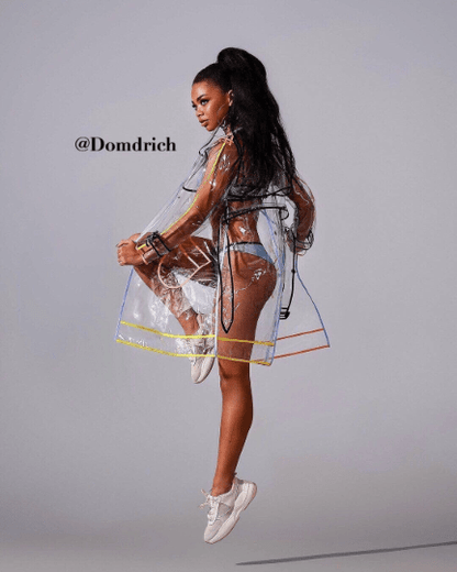 Transparent vinyl raincoat with multi-colored trim City Essentials collection by Domdrich.