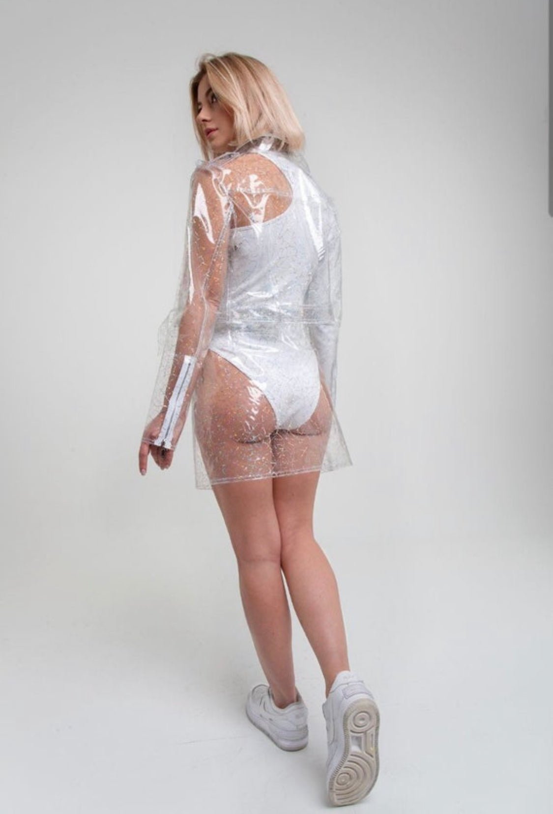 Title Clear Stylish TPU Biker Crop Jacket & Zip-Front Mini Skirt — Transparent Vinyl Two-Piece Set — Avant-Garde Clear PVC Sportswear & Futurist Streetwear by Domdrich Studio