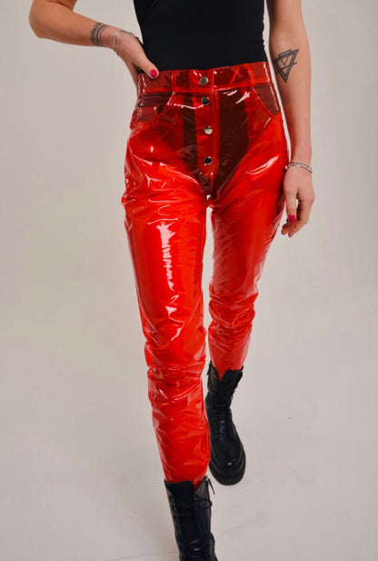 Close-up of the vibrant colored transparent TPU material on designer trousers.