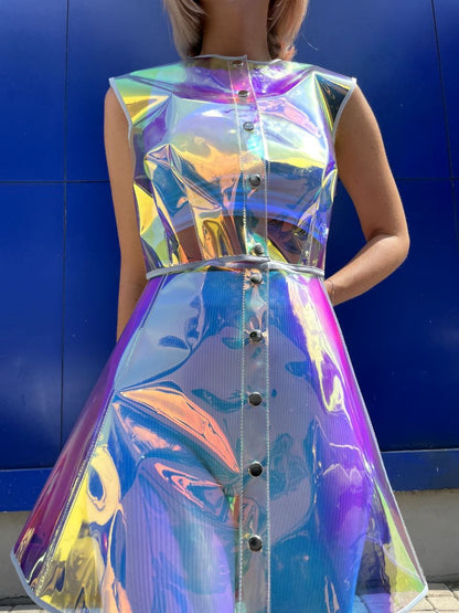 Neon Transparent Two-Piece Set — Vinyl Crop Top and Skirt, Futuristic Rave Outfit, Clear Avant-Garde Festival Clothing, Designer Vinyl Co-ord