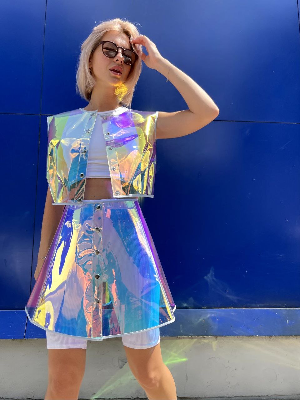 Neon Transparent Two-Piece Set — Vinyl Crop Top and Skirt, Futuristic Rave Outfit, Clear Avant-Garde Festival Clothing, Designer Vinyl Co-ord