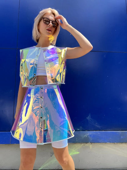 Neon Transparent Two-Piece Set — Vinyl Crop Top and Skirt, Futuristic Rave Outfit, Clear Avant-Garde Festival Clothing, Designer Vinyl Co-ord