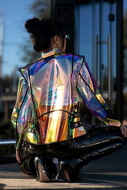 Detailed shot of the lapels and stitching on the iridescent holographic biker jacket back view