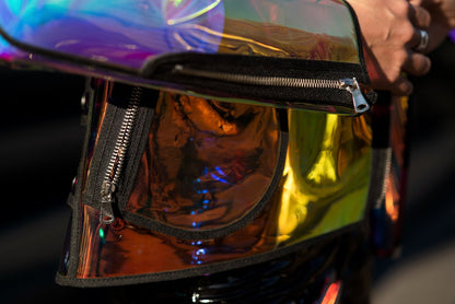 deteils of iridiscent moto jacket from jacket
