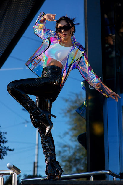 Avant-garde streetwear look featuring the waterproof holographic biker jacket.