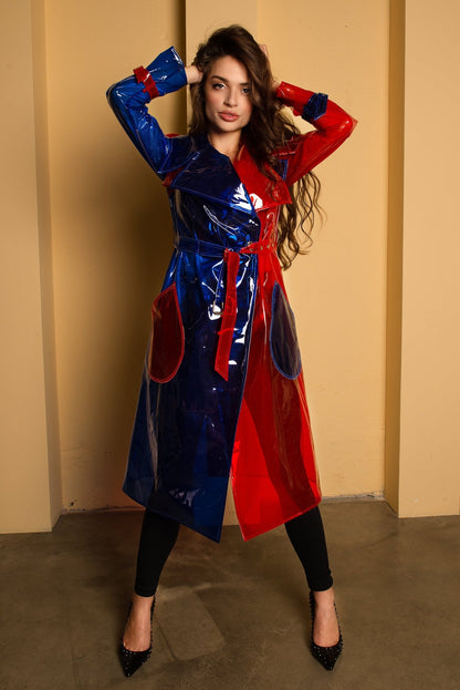 Duo Color Street Style Transparent Vinyl Trench Raincoat — Two-Tone Clear PVC Waterproof Coat — Classic Rainwear & Designer Techwear by Domdrich Studio