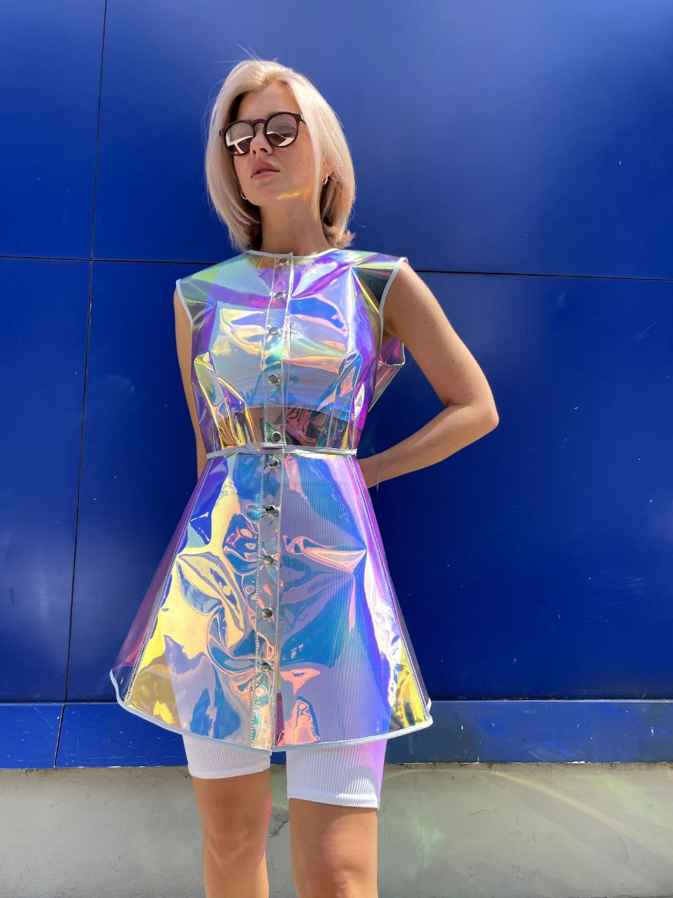 Bright TPU party set: unique iridescent crop top and skirt.