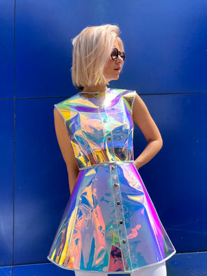 Bright TPU party set: unique iridescent crop top and skirt.