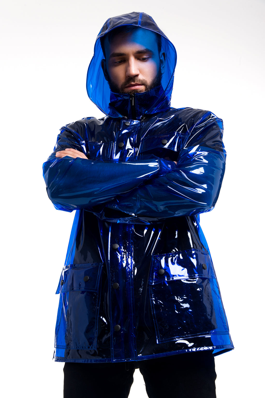 Men’s designed Rain Jacket with removable hood! Men’s transparent clothing.
