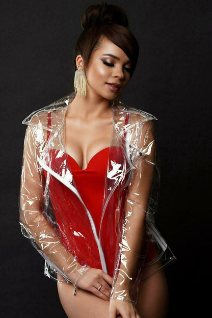 Ladies clear vinyl biker jacket transparent motorcycle coat by Domdrich.