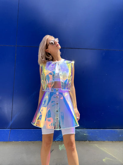 Neon Transparent Two-Piece Set — Vinyl Crop Top and Skirt, Futuristic Rave Outfit, Clear Avant-Garde Festival Clothing, Designer Vinyl Co-ord