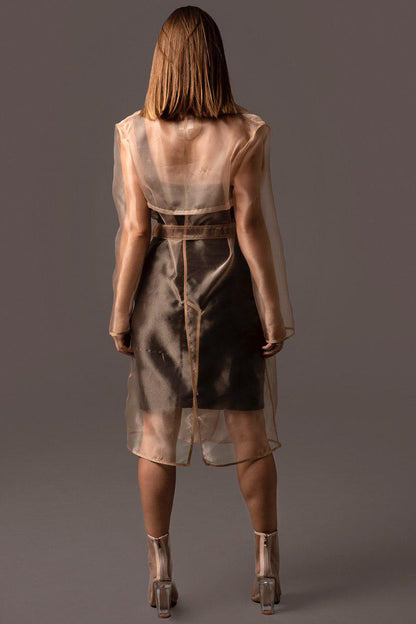 Woman wearing a sheer beige dress with a brown skirt on a dark background