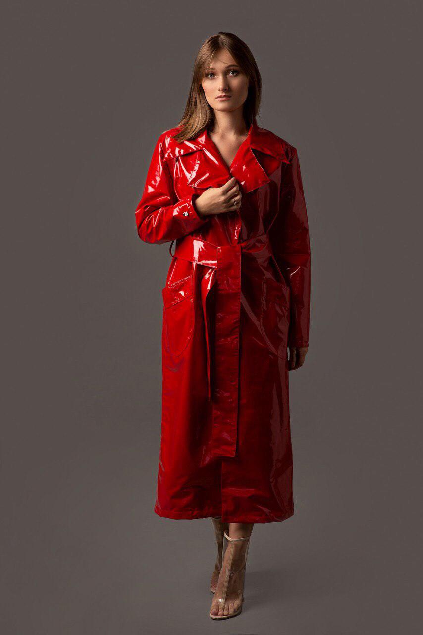 red leather trench